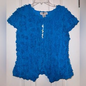 ONCE AGAIN Cardigan Size Small Peacock Blue Short Sleeve 2D Floral Print Ruffle